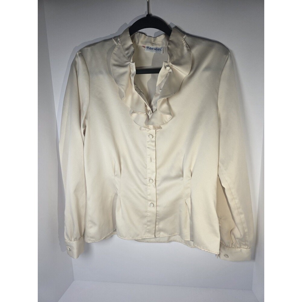 Vintage 70s John Meyer Ruffle Shirt 14 Long Sleeve Cream Collard Silk Blouse